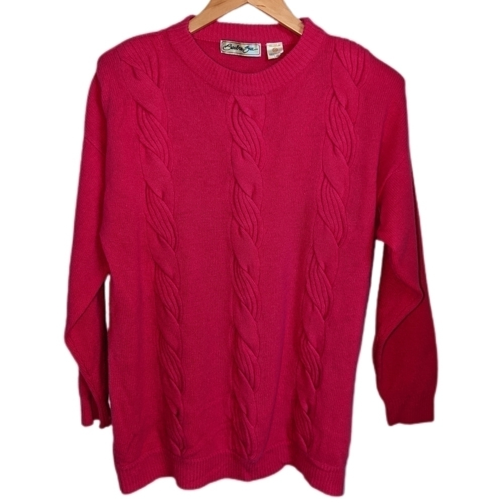 VINTAGE Pink Cable Knit Lambswool & Angora Crewneck Long Sweater Size Large